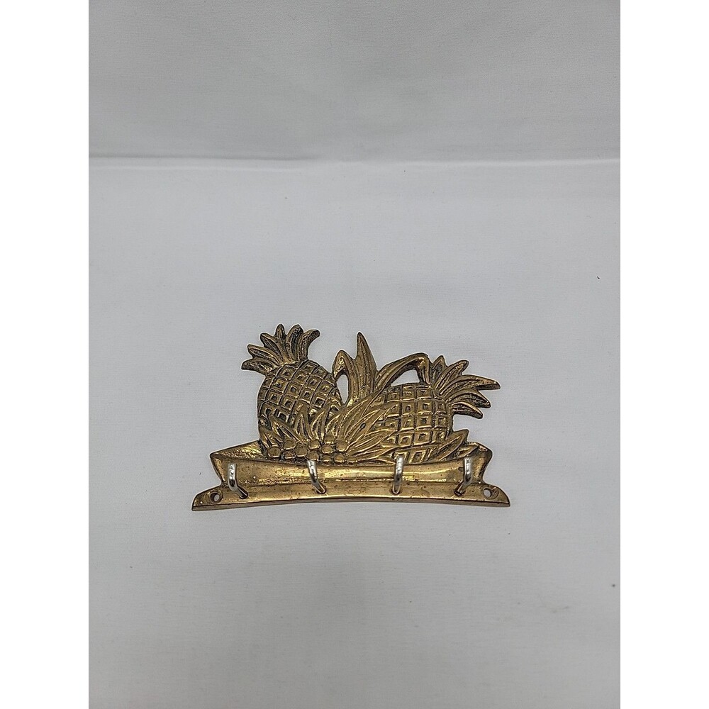 Vintage Solid Brass Pineapple Key Holder 4 Hooks Holes For Wall Hanging 4.5x3